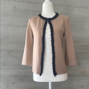 St John knit chic Taupe Open Front Jacket with Black Fur Trim